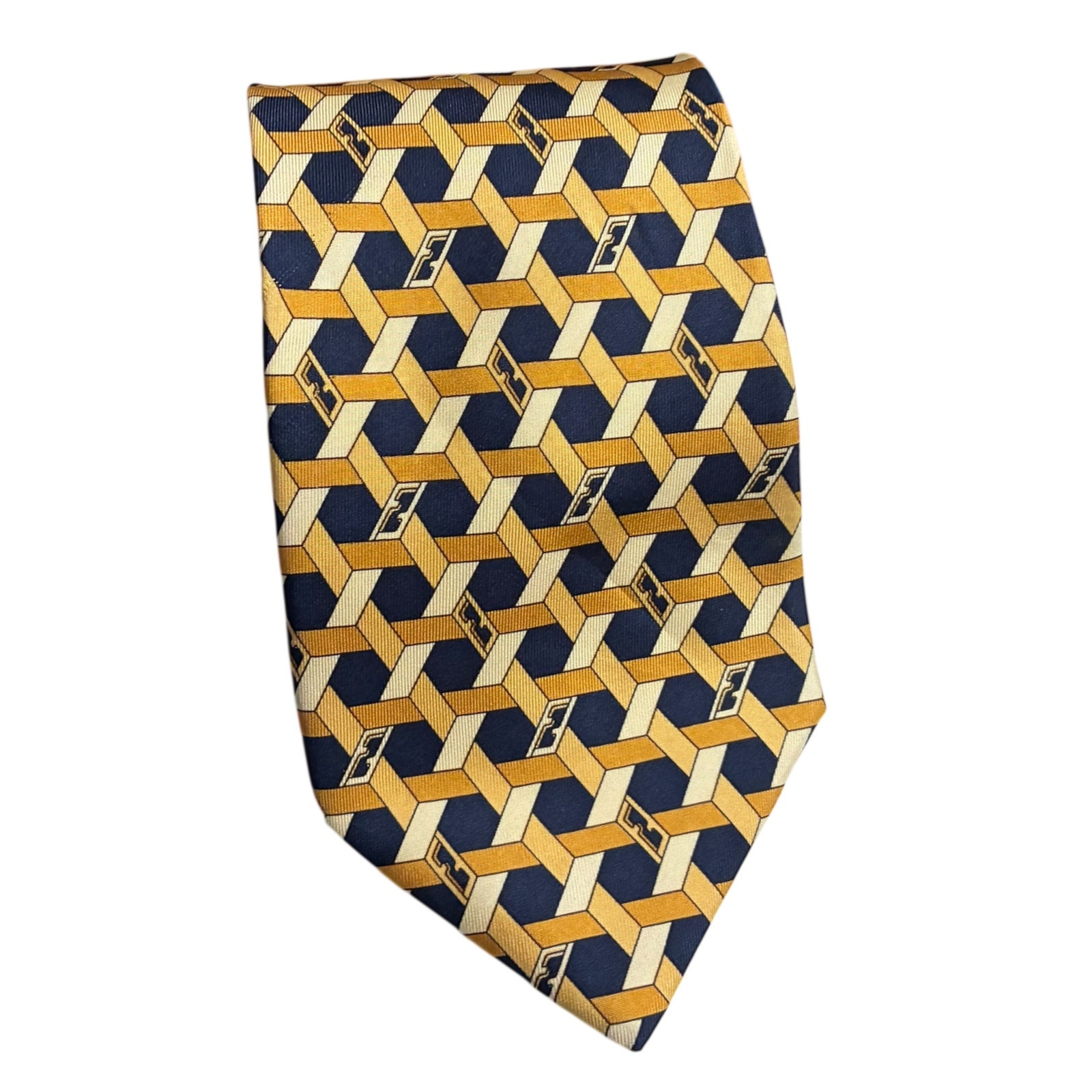 Fendi Vintage 100% Silk Tie Cravatte Geometric Gold Blue Monogram Logo Italy